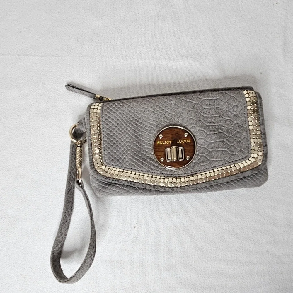 Elliott‎ Lucca Grey Snakeskin Embossed Leather Wristlet Clutch Wood Turn Lock